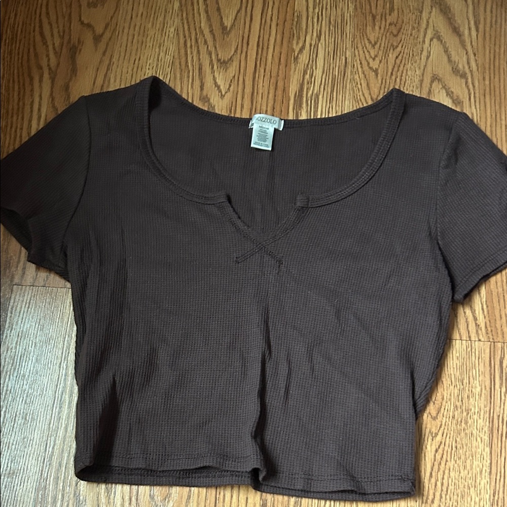 brown waffle knit cropped tee